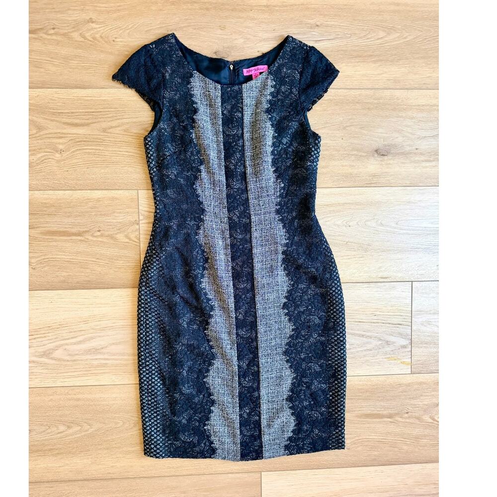 Betsey Johnson Black Lace Tweed Panel Sheath Dress Size 8